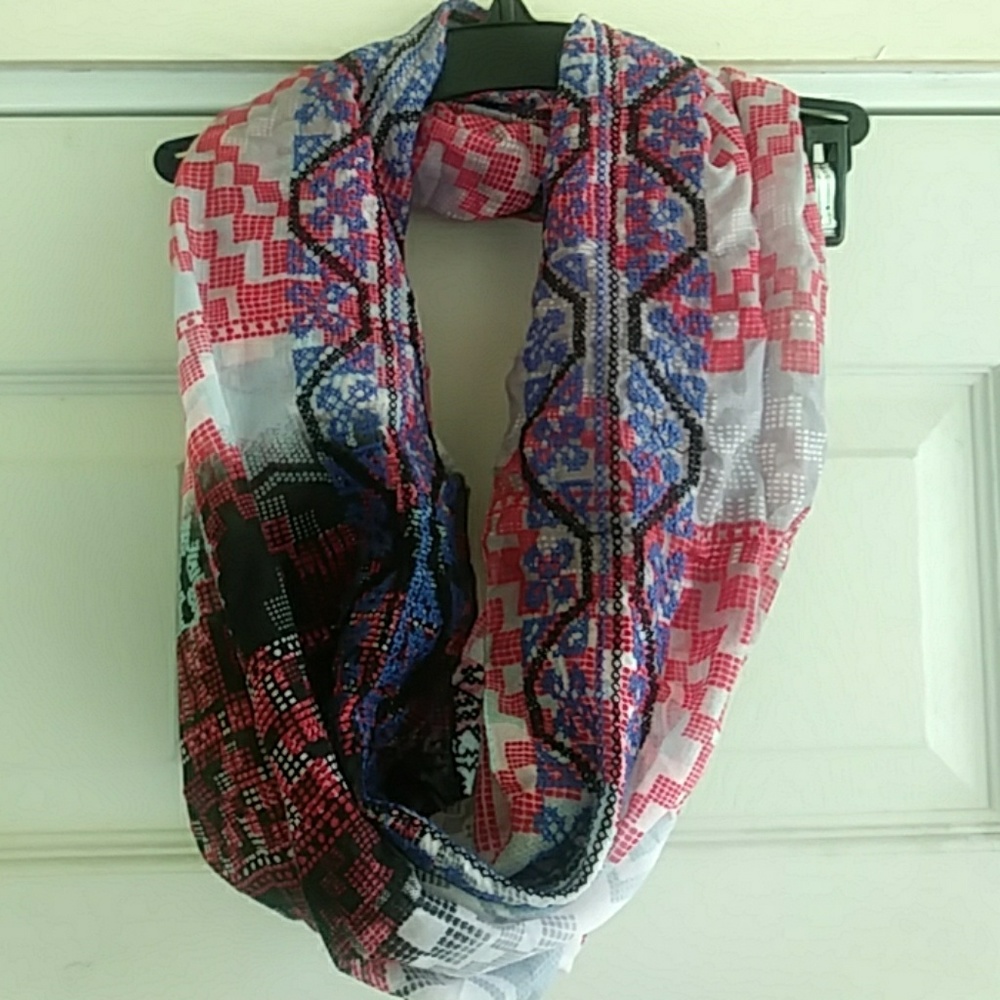Geometric red grey and blue infinity scarf/cowl